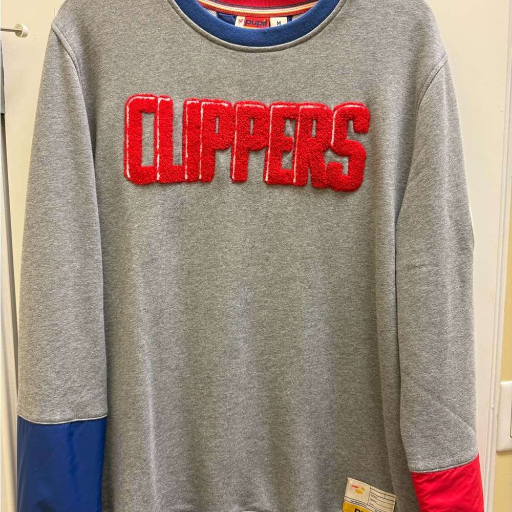 Gray Crewneck Sweater with Red and Blue Accents
